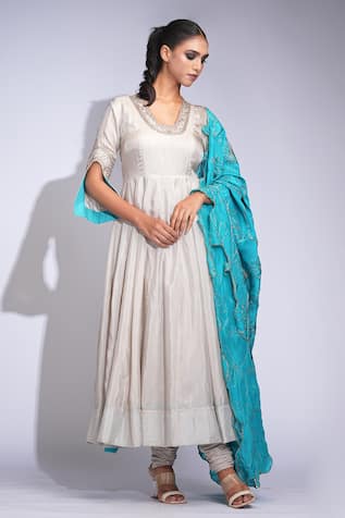 Shruti S Beige Silk Anarkali Set  