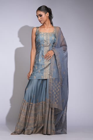 Grey Hand Block Printed Kurta Sharara Set 
