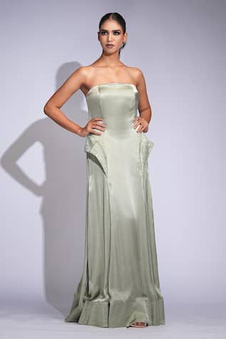 Shruti S Green Satin Up-Cycled Sequin Dress 