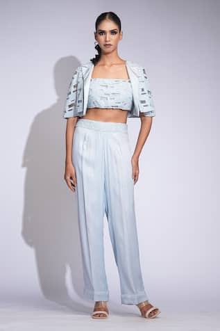 Shruti S Blue Silk Embroidered Crop Top Set 