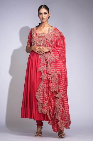 Shruti S Red Zari Embroidered Anarkali Set 