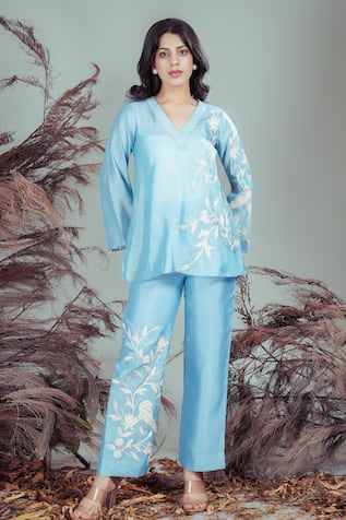 Rirasa Sky Blue Hand Embroidered Tunic Pant Set 