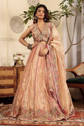 Sonali Methi Pink Tissue Embroidered Lehenga Set 