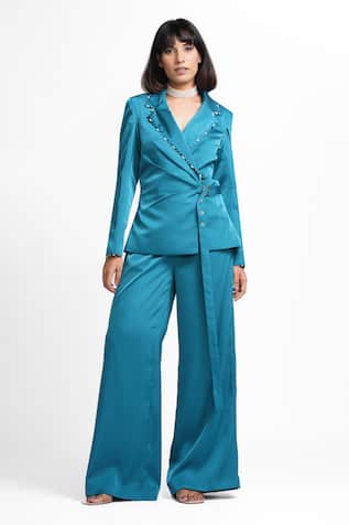 Ahi Clothing X AZA Quinn Teal Embellished Wrap Buckle Cort And Pant Set 