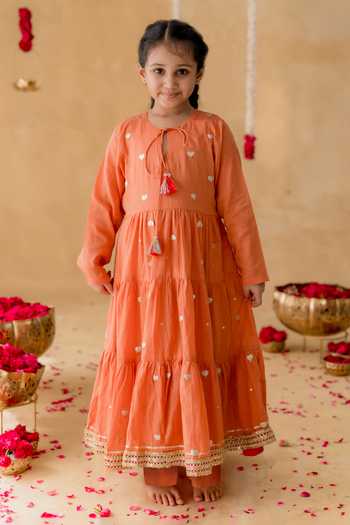 MR Brat Orange Tiered Malmal Kurta Set 