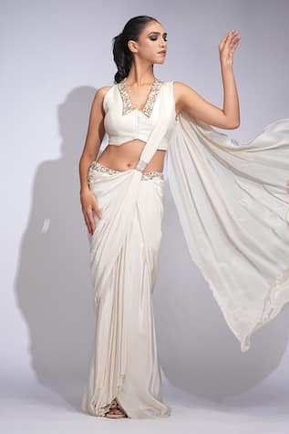 Shruti S Off White Hand Embroidered Pre-Draped Saree & Blouse Set 