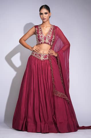 Shruti S Maroon Silk Embroidered Lehenga Set 