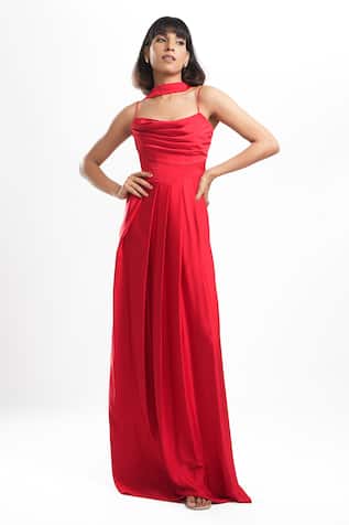 Ahi Clothing X AZA Vivienne Hot Red Draped Dress With Scarf 