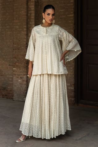 Preevin Off White All Gathers Forest Embroidered Top With Skirt 