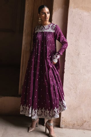 Preevin Wine Forest 8 Layer All Over Embroidered Anarkali 