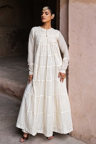 Preevin Off White 8 Layer Forest All Over Embroided Anarkali Off White 8 Layer Forest All Over Embroidered Anarkali 
