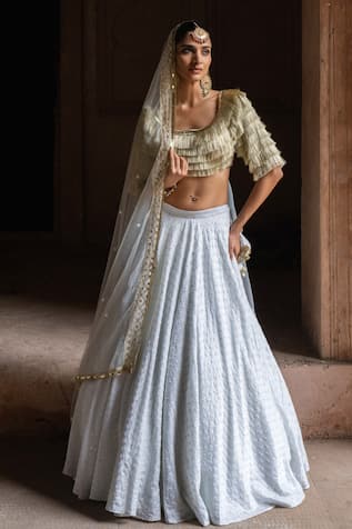 Preevin Golden Fringe Ice Blue Lehenga Set 
