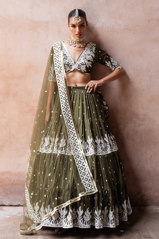 Preevin Olive Forest Lehenga Set With Embroidered Dupatta 