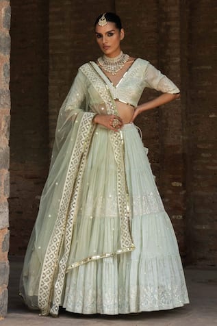 Preevin Mint Forest Lehenga With Embroidered Dupatta 