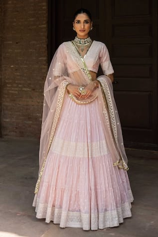 Preevin Onion Pink Big Border Lehenga Set With Embroidered Dupatta 