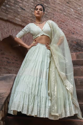 Preevin Mint Big Border Lehenga Set With Embroidered Dupatta 