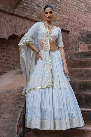 Preevin Ice Blue Big Border Lehenga With Embroidered Dupatta 