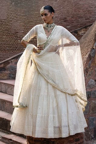 Preevin Gold & Off White Big Border Lehenga Set With Embroidered Dupatta 
