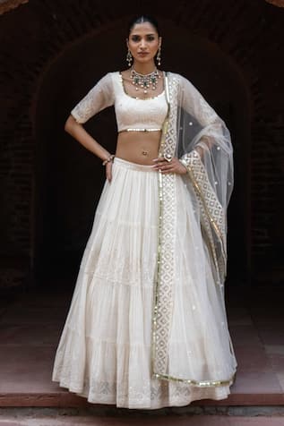 Preevin Gold Circle & Off White Line Lehenga Set With Embroidered Dupatta 