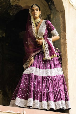 Preevin Wine Big Border Lehenga Set With Embroidered Dupatta 