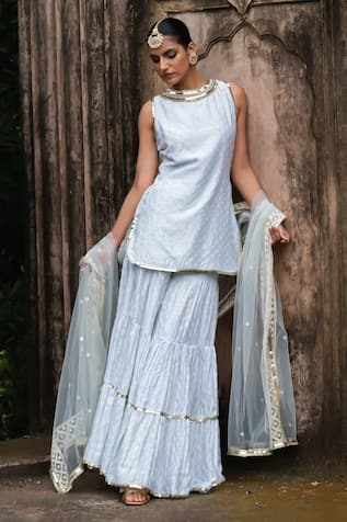 Preevin Ice Blue Dots Straight Sharara Set With Embroidered Dupatta 