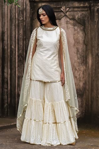 Preevin Lemon Dots Straight Sharara Set With Embroidered Dupatta 