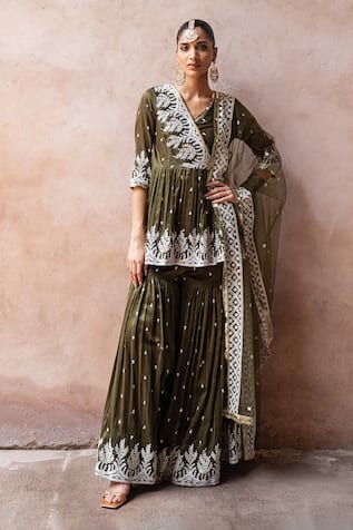 Preevin Olive Forest Peplum Sharara Set With Embroidered Dupatta 