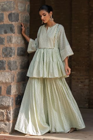 Preevin Mint Carpet Front Open Peplum Set With Embroidered Dupatta 