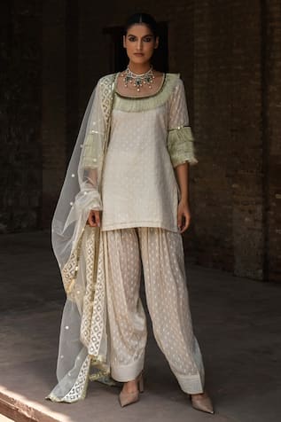 Preevin Off White Fringe Kurta & Farshi Salwar Set 