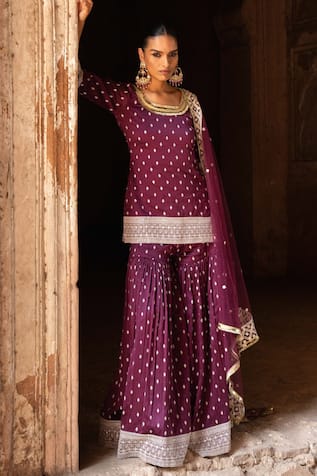 Preevin Wine Big Border Straight Sharara Set With Embroidered Dupatta 