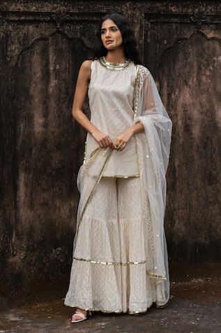 Preevin Off White Gold Dots Sharara Set With Embroidered Dupatta 