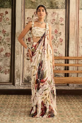 Diyarajvvir Floral Print Pre-Draped Saree Set 