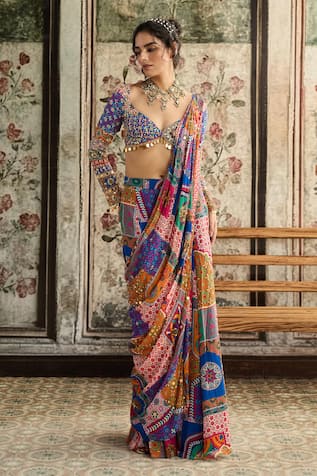 Diyarajvvir Multi Color Pre-Draped Sharara Saree With Blouse 