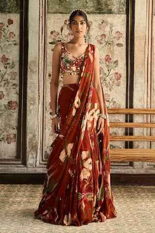 Diyarajvvir Floral Print Pre-Draped Lehenga Saree With Blouse 