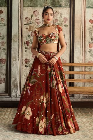 Diyarajvvir Floral Print Rust Lehenga Set 