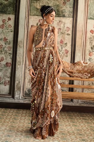 Diyarajvvir Caramel Brown Pre-Draped Saree Set 