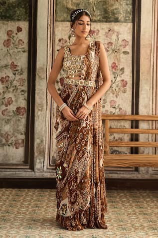 Diyarajvvir Caramel Brown Designer Pre-Draped Skirt Saree Set With Blouse 