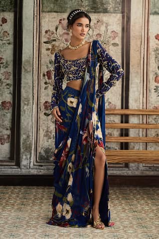 Diyarajvvir Floral Print Pre-Draped Skirt Saree With Blouse 