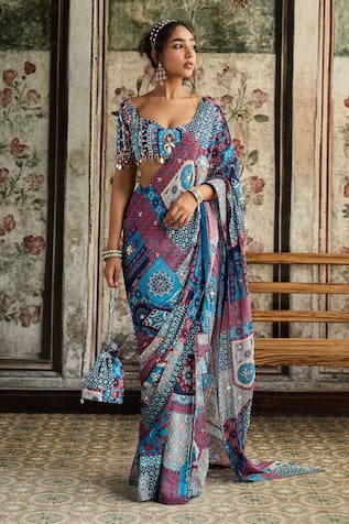 Diyarajvvir Teal Blue Printed Pre-Draped Saree Set 
