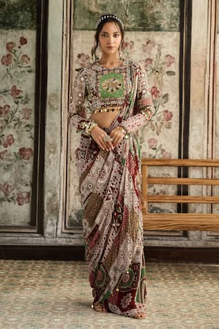 Diyarajvvir Sage Green & Maroon Pre-Draped Skirt Saree Set 