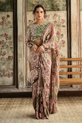 Diyarajvvir Sage Green & Maroon Dhoti Pant Saree With Blouse 