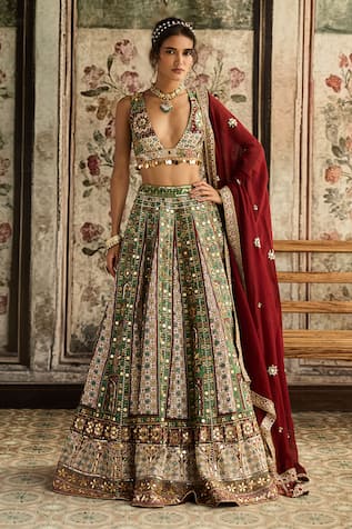 Diyarajvvir Sage Green & Maroon Embroidered Lehenga Set 