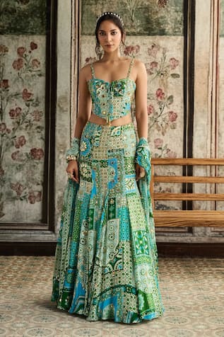 Diyarajvvir Aqua Blue & Green Designer Corset Skirt Set 