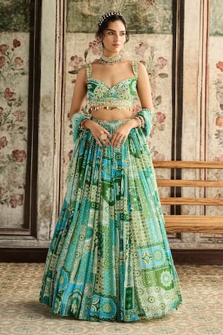 Diyarajvvir Aqua Blue & Green Printed Lehenga Set 