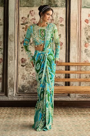 Diyarajvvir Aqua Blue & Green Dhoti Saree With Blouse 