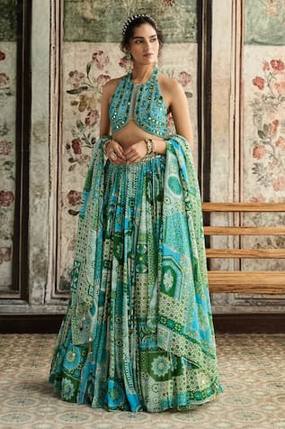Diyarajvvir Aqua Blue & Green Printed Lehenga Set 