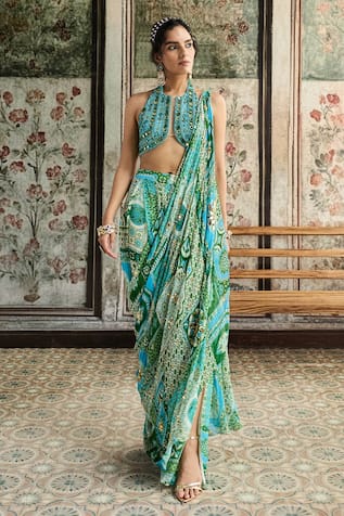 Diyarajvvir Aqua Blue Printed Pre-Draped Pant Saree With Blouse 