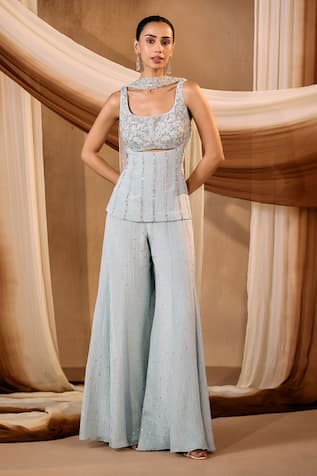 Niamh By Kriti Blue Silk Kurta Sharara Set 