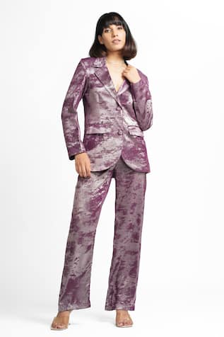 Ahi Clothing X AZA Miranda Claret Maroon Embellished Coat And Pant Set 