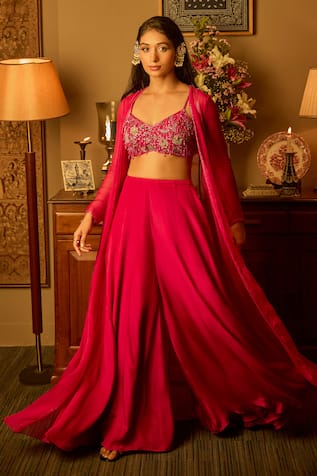 Krishna Padia Pink Hand Embroidered Jacket Palazzo Set 